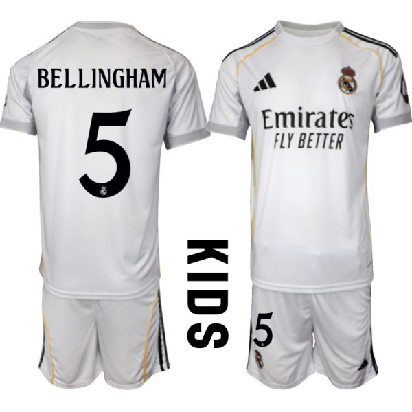 Goedkope Real Madrid 2025/26 Thuis tenue Jude Bellingham #5 met Korte Mouw Voetbaltenue voor Kinderen