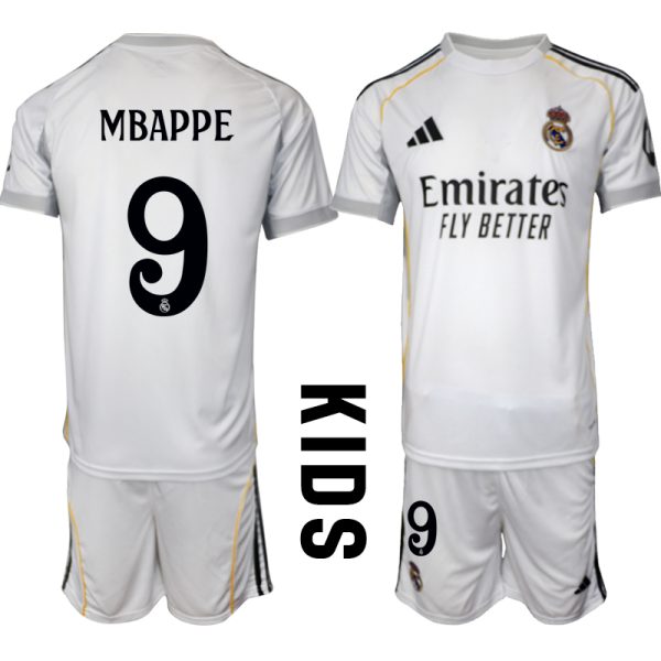 Goedkope Real Madrid 2025/26 Thuis tenue Kylian Mbappé #9 met Korte Mouw Voetbaltenue voor Kinderen