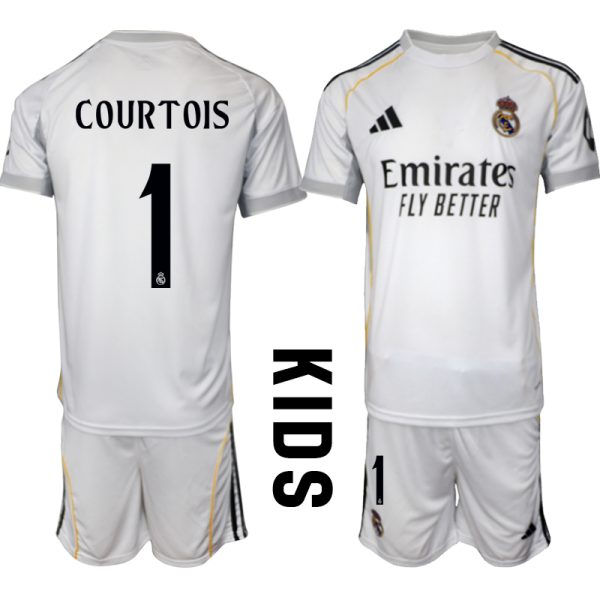 Goedkope Real Madrid 2025/26 Thuis tenue Thibaut Courtois #1 met Korte Mouw Voetbaltenue voor Kinderen