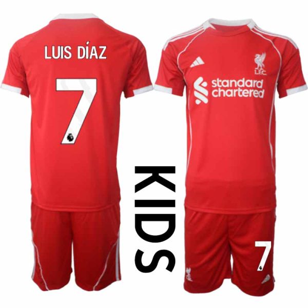 Liverpool Thuistenue 2025/26 voor Kinderen – Luis Díaz #7 – Voetbaltenue Korte Mouwen (+ Korte Broek)